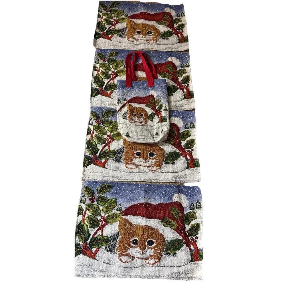 Christmas Placements Set Of 4 Kitten With Santa‎ Hat With Storeage Bag